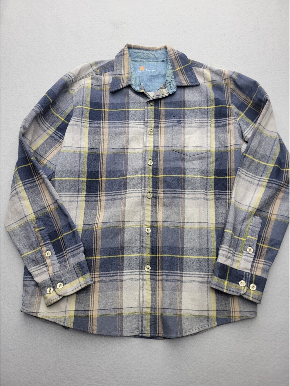 Carhartt Men's Button-Up Large Blue Long Sleeve Plaid Cotton Knit Pockets Work